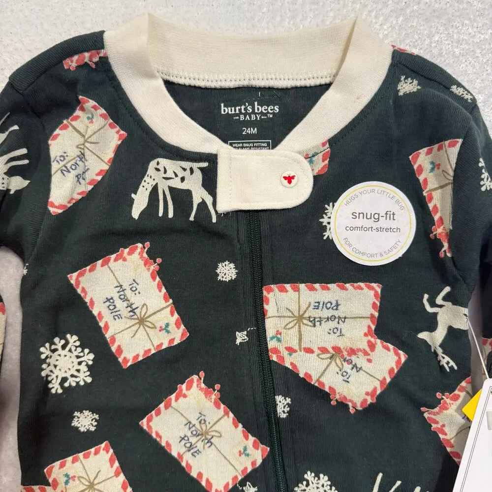 Burt’s Bees Baby Christmas Footed Pajamas 24M Organic Cotton Zip NWT